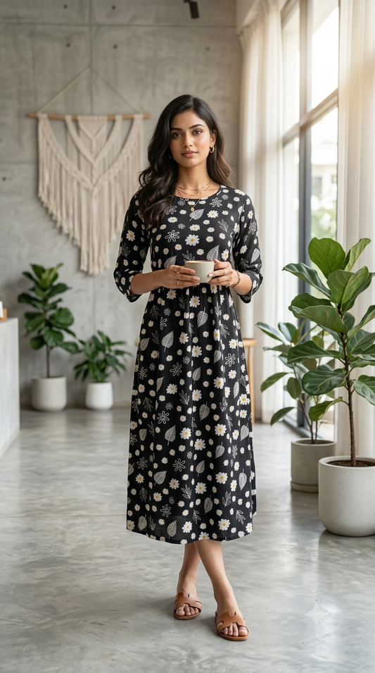 Black Floral  Zipless Feeding Mid Sleeves capri Length