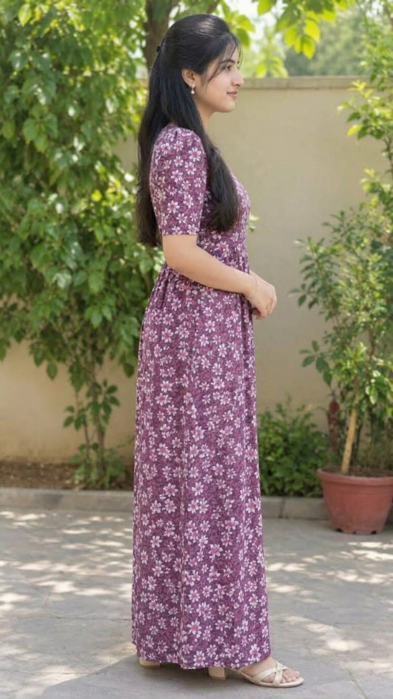 Zipless Feeding Maternity Gown Wine Floral - Puff sleeve 52 inches