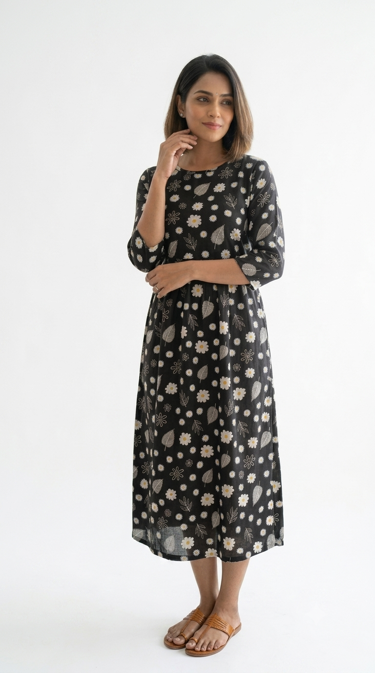Black Floral  Zipless Feeding Mid Sleeves capri Length