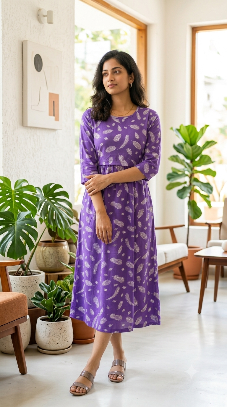 Purple Feather Zipless Feeding Mid Sleeves capri Length