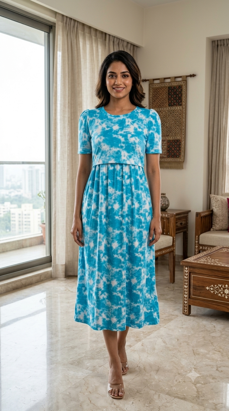 Capri Feeding Wear with Puff Sleeve Sky Dyed