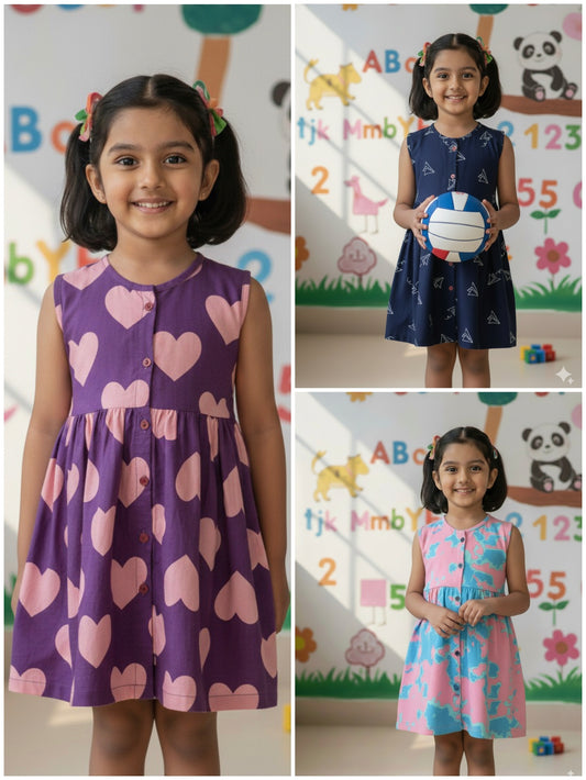 Girls Cute Printed Frocks Combo of 3 Pink Blue dye Blue Star Purple Big Heart