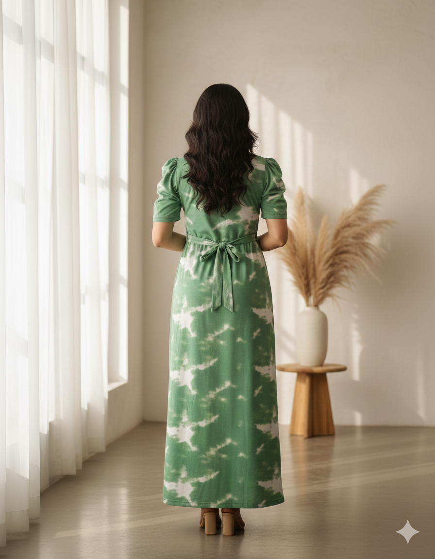 Zipless Feeding Maternity Gown Green Dyed - Puff sleeve 52 inches