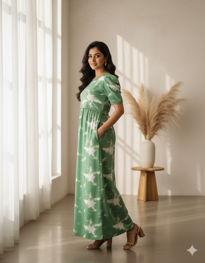 Zipless Feeding Maternity Gown Green Dyed - Puff sleeve 52 inches