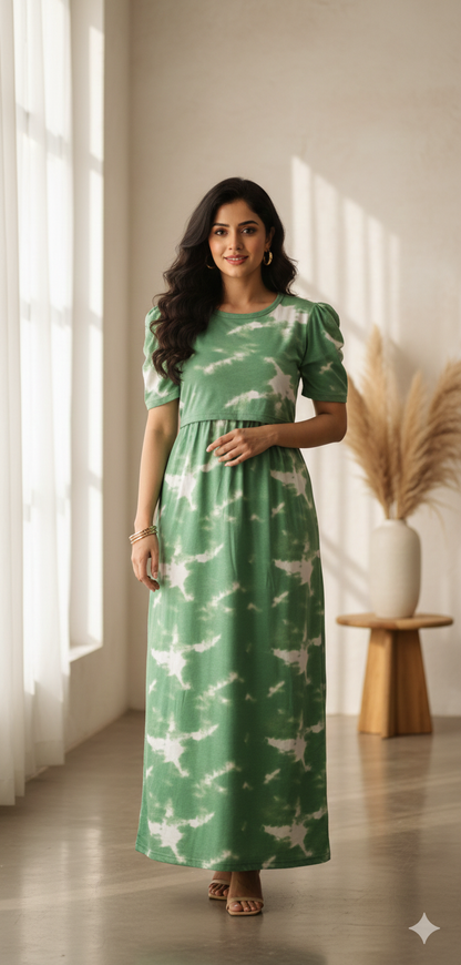 Zipless Feeding Maternity Gown Green Dyed - Puff sleeve 52 inches