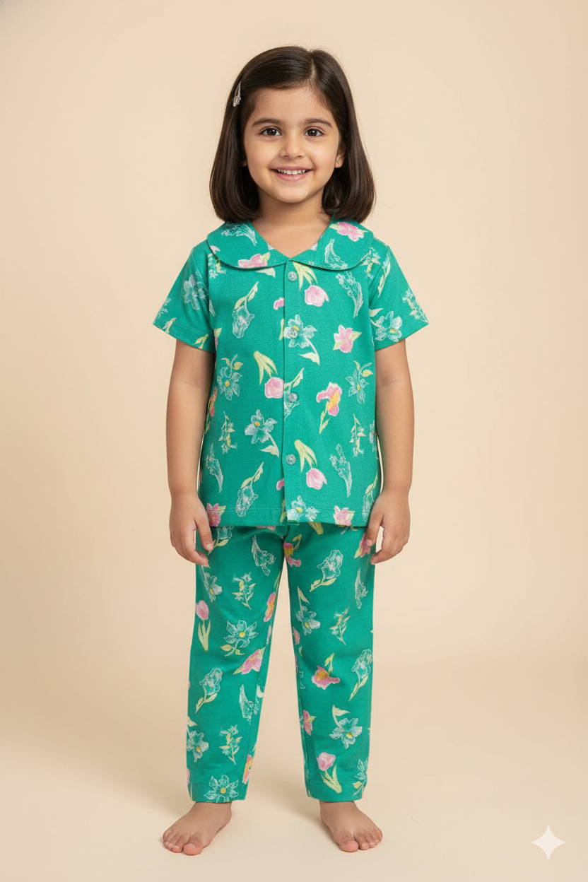 Green Tulip Floral kids Night suit