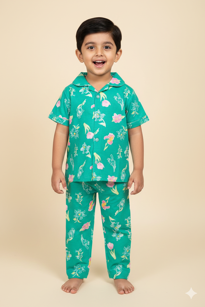 Green Tulip Floral kids Night suit