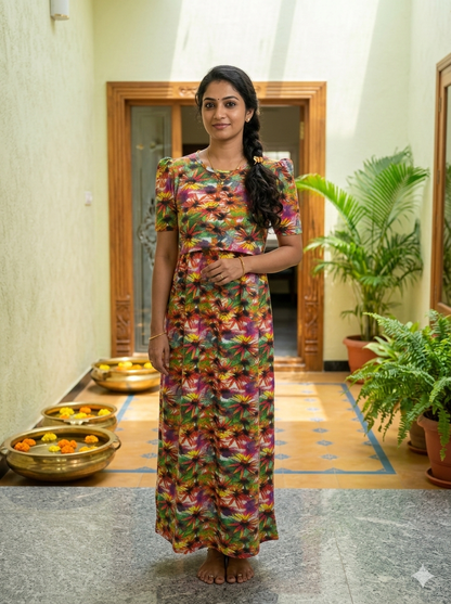 Zipless Feeding Maternity Gown Green Yellow Floral  - Puff sleeve 52 inches