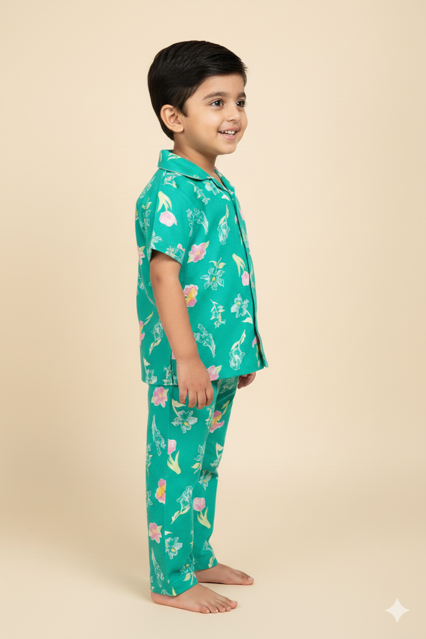 Kids All over printed night suit pack of 3 Pale red mickey, Choco heart & Green Tulip