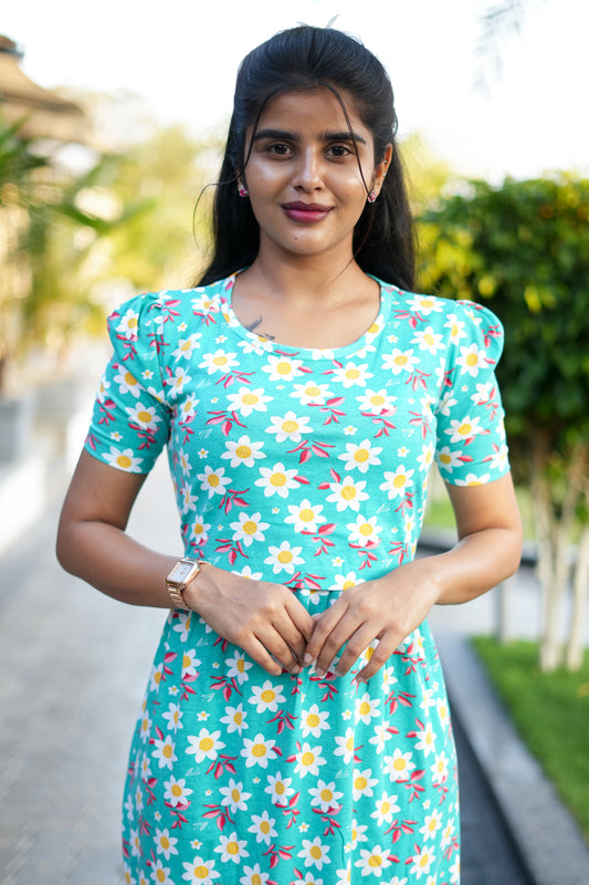 Capri Feeding Wear with Puff Sleeve Green Daisy