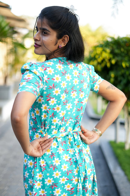 Capri Feeding Wear with Puff Sleeve Green Daisy