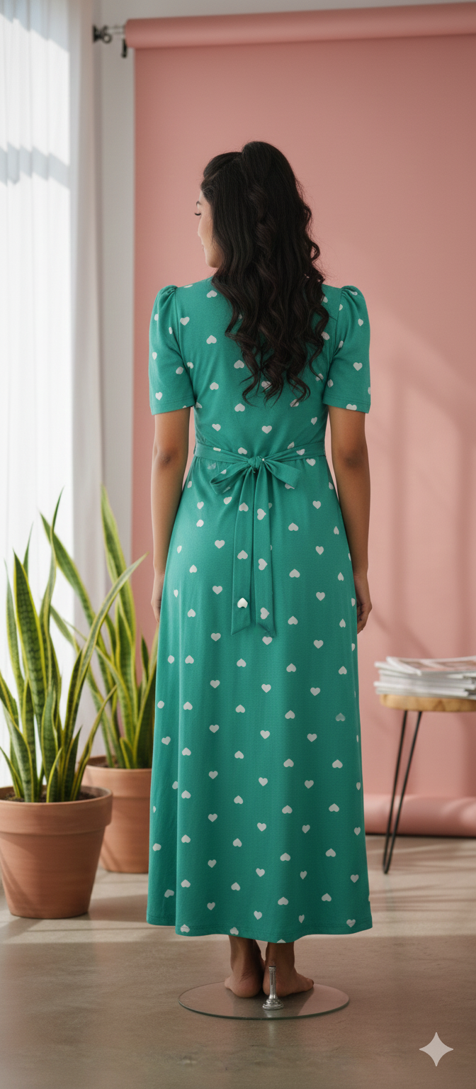 Zipless Feeding Maternity Gown Green Heart - Puff sleeve 52 inches