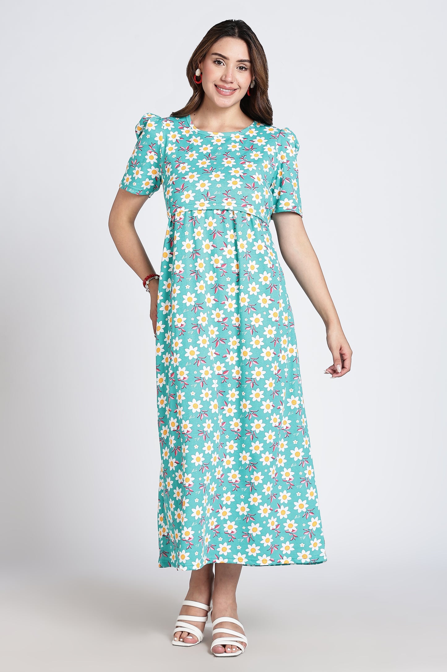 Zipless Feeding Maternity Gown- Puff sleeve 52 inches