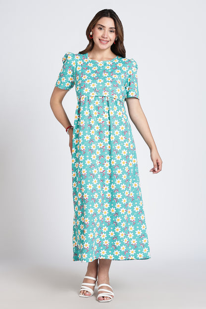 Zipless Feeding Maternity Gown- Puff sleeve 52 inches