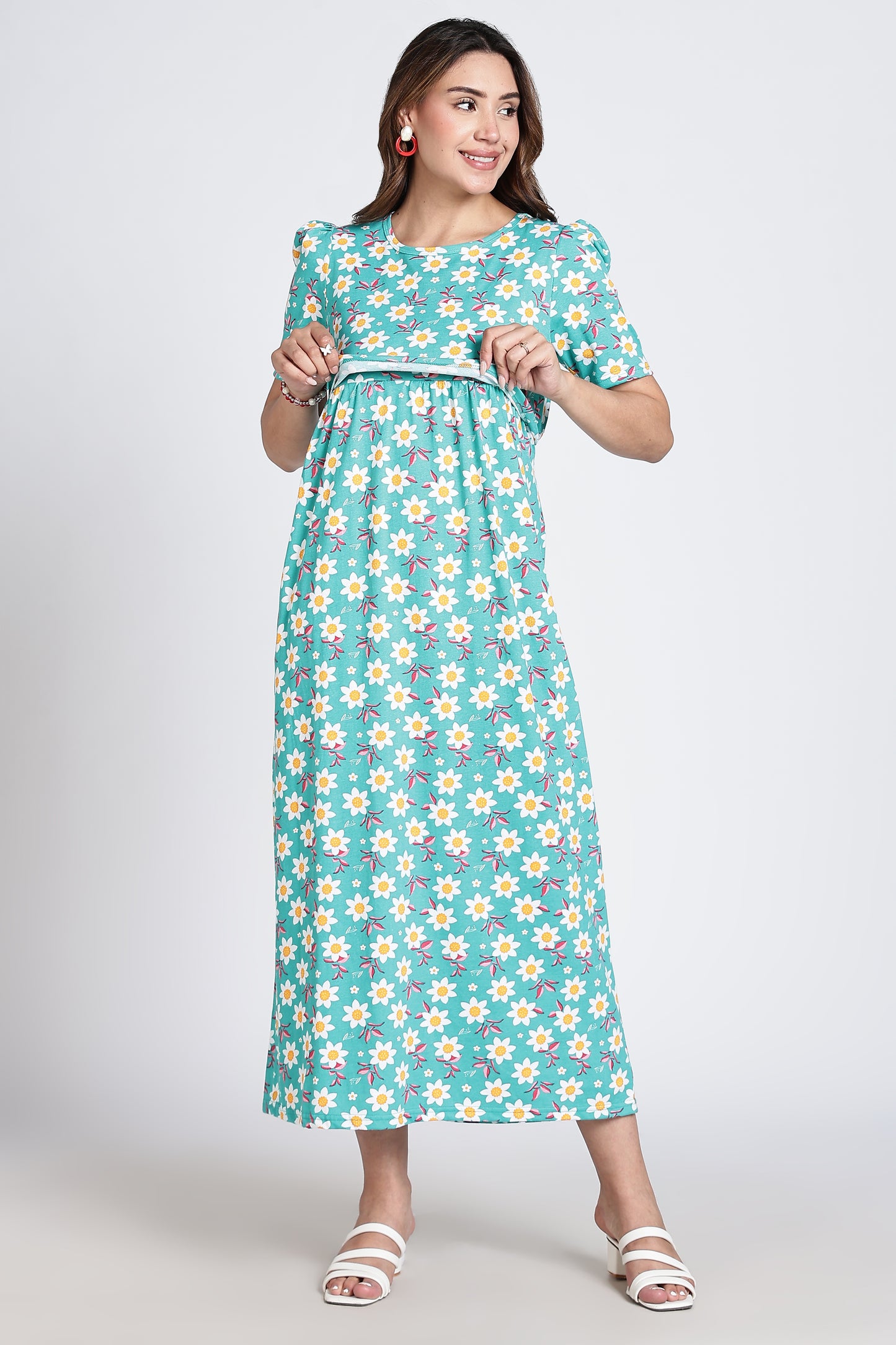 Zipless Feeding Maternity Gown- Puff sleeve 52 inches