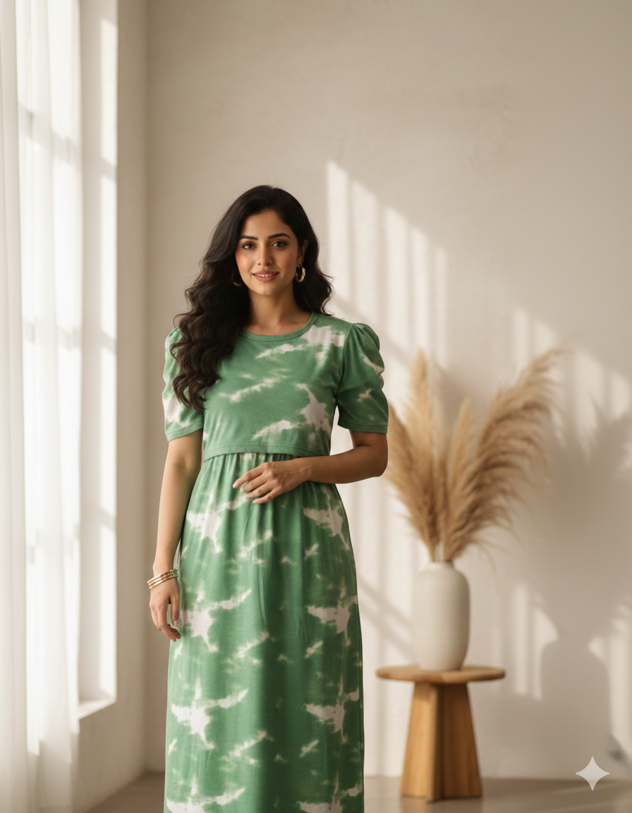 Zipless Feeding Maternity Gown Green Dyed - Puff sleeve 52 inches