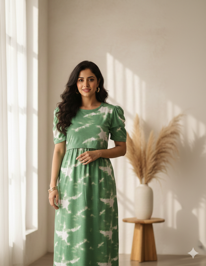 Zipless Feeding Maternity Gown Green Dyed - Puff sleeve 52 inches