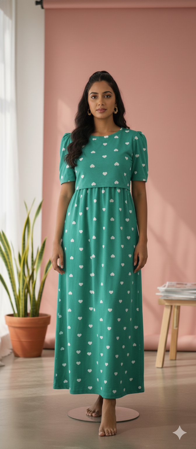 Zipless Feeding Maternity Gown Green Heart - Puff sleeve 52 inches