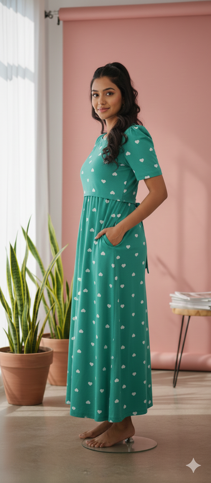 Zipless Feeding Maternity Gown Green Heart - Puff sleeve 52 inches
