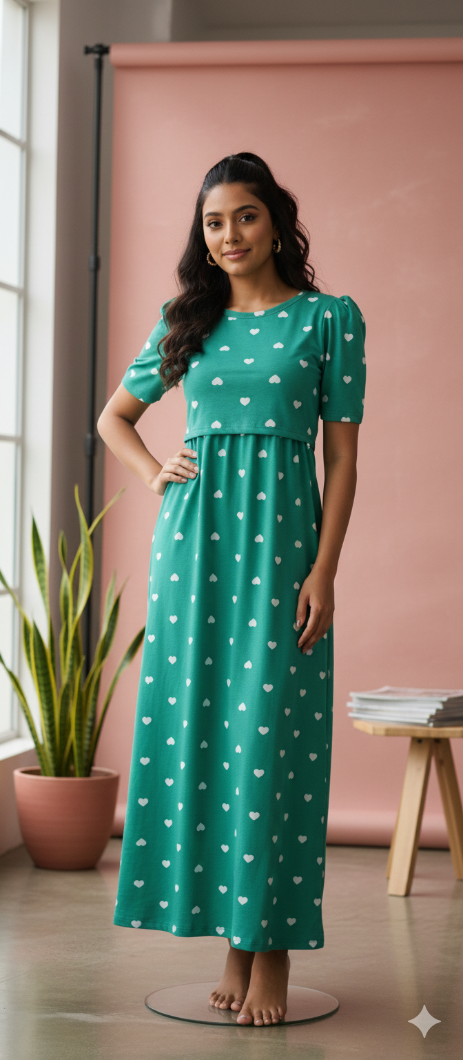 Zipless Feeding Maternity Gown Green Heart - Puff sleeve 52 inches