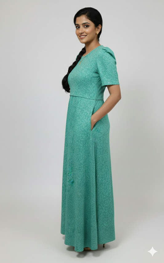 Zipless Feeding Maternity Gown Blue wave Print- Puff sleeve 52 inches