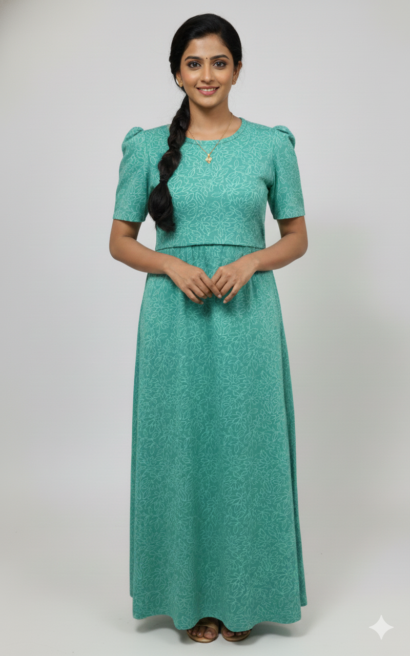 Zipless Feeding Maternity Gown Green wave Print- Puff sleeve 52 inches