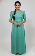 Zipless Feeding Maternity Gown Green wave Print- Puff sleeve 52 inches