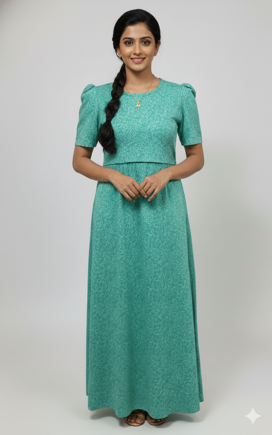 Zipless Feeding Maternity Gown Blue wave Print- Puff sleeve 52 inches