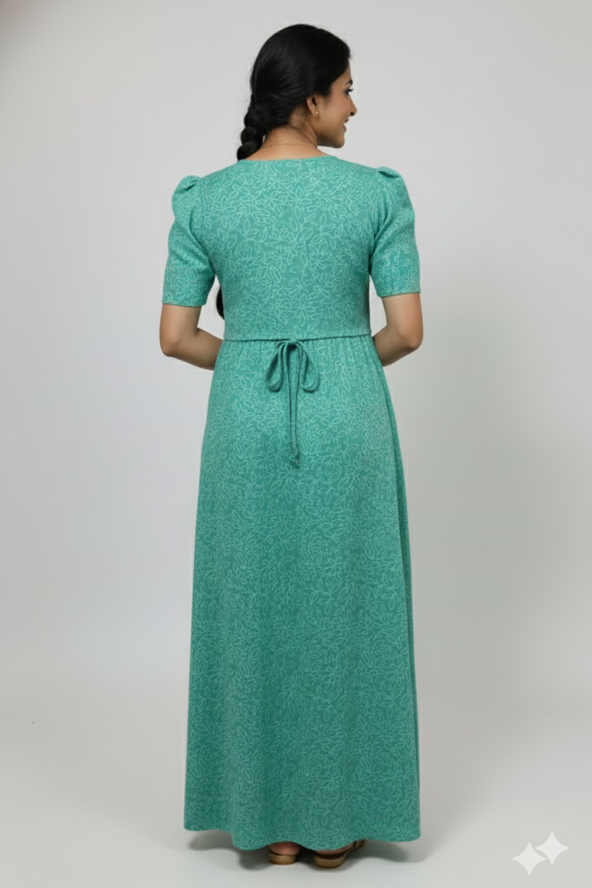 Zipless Feeding Maternity Gown Green wave Print- Puff sleeve 52 inches