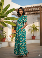 Zipless Feeding Maternity Gown Green white Floral- Puff sleeve 52 inches