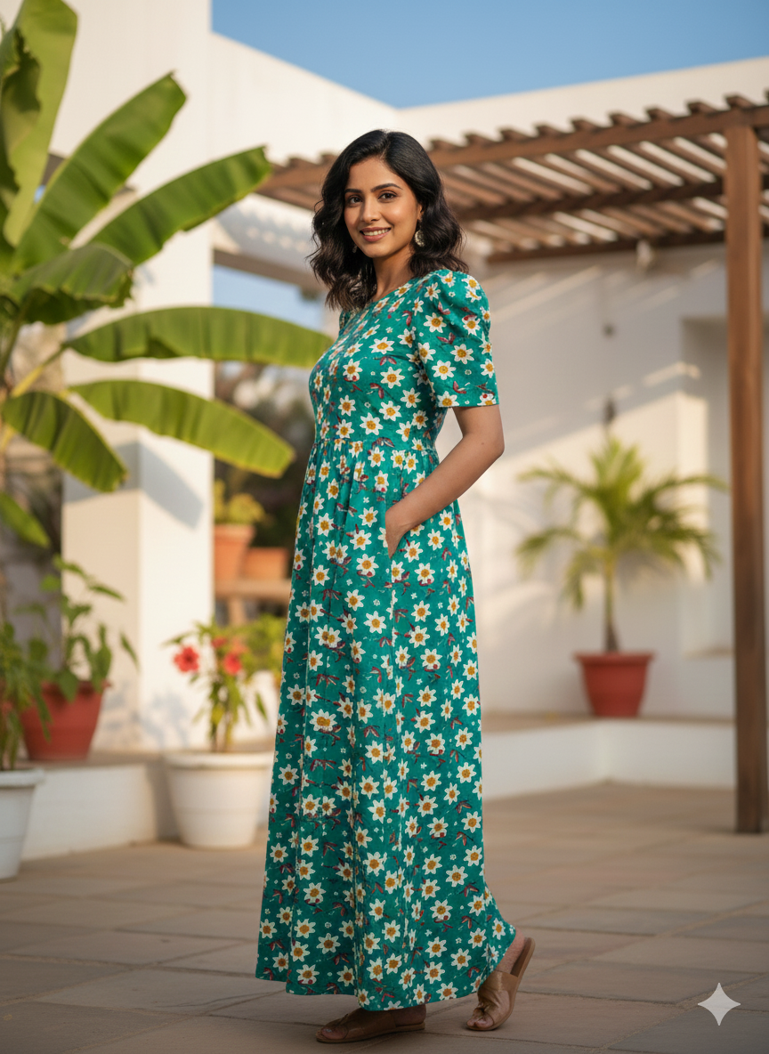 Zipless Feeding Maternity Gown Green white Floral- Puff sleeve 52 inches