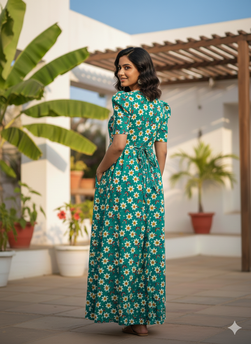 Zipless Feeding Maternity Gown Green white Floral- Puff sleeve 52 inches