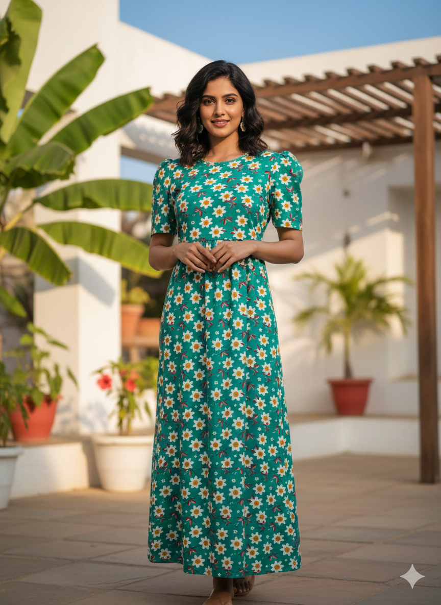 Zipless Feeding Maternity Gown Green white Floral- Puff sleeve 52 inches