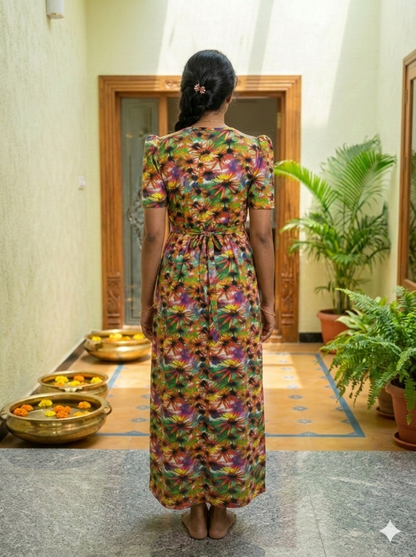 Zipless Feeding Maternity Gown Green Yellow Floral  - Puff sleeve 52 inches