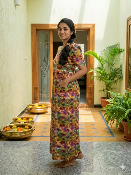Zipless Feeding Maternity Gown Green Yellow Floral  - Puff sleeve 52 inches