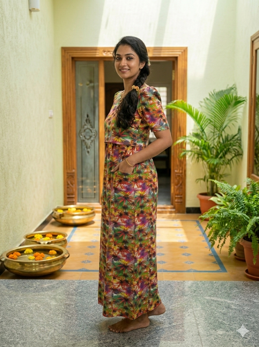 Zipless Feeding Maternity Gown Green Yellow Floral  - Puff sleeve 52 inches