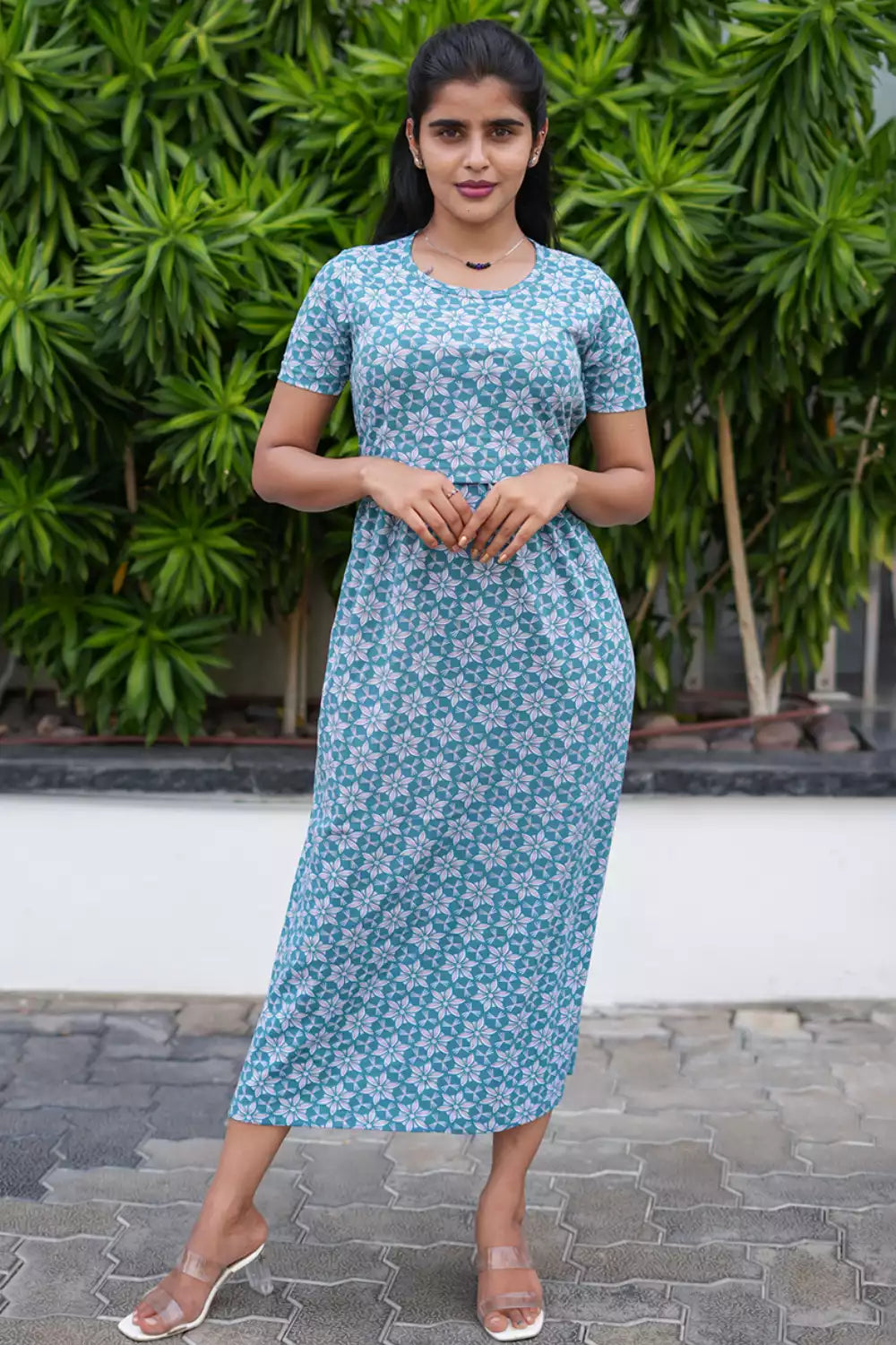 Zipless Feeding Maternity Wear without Puff Sleeve Grey Green Star
