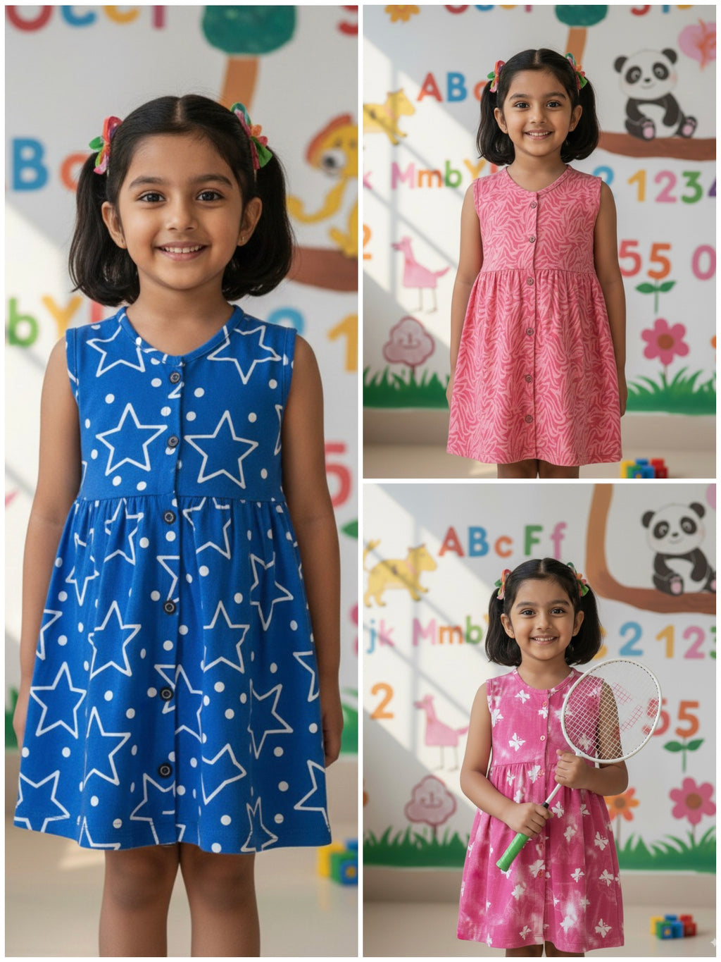 Girls Cute Printed Frocks Combo of 3 Butterfly Pink Red Wave Blue Star