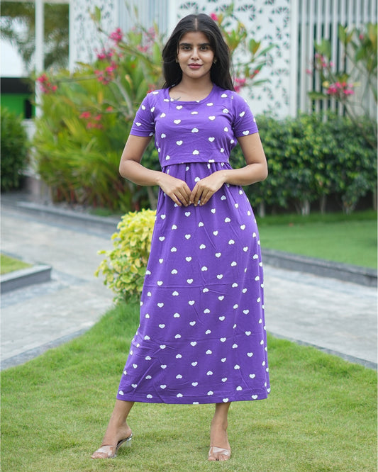 Zipless Feeding Maternity Wear without Puff Sleeve Purple White heart