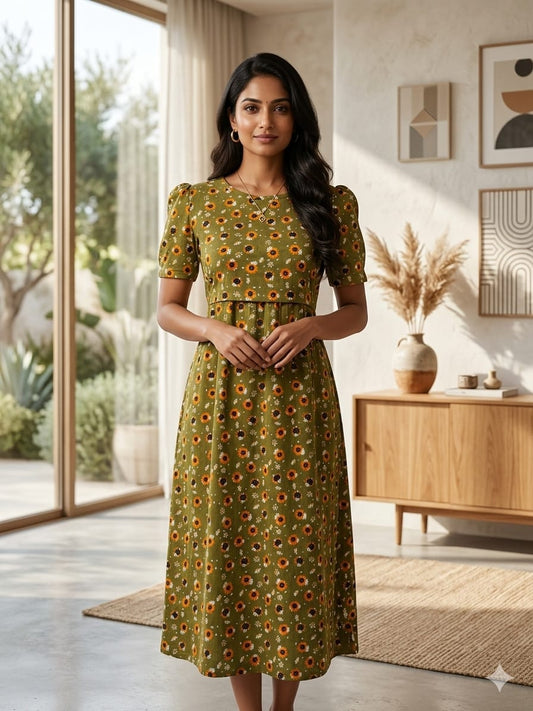Capri Feeding Wear with Puff Sleeve Green Sunflower