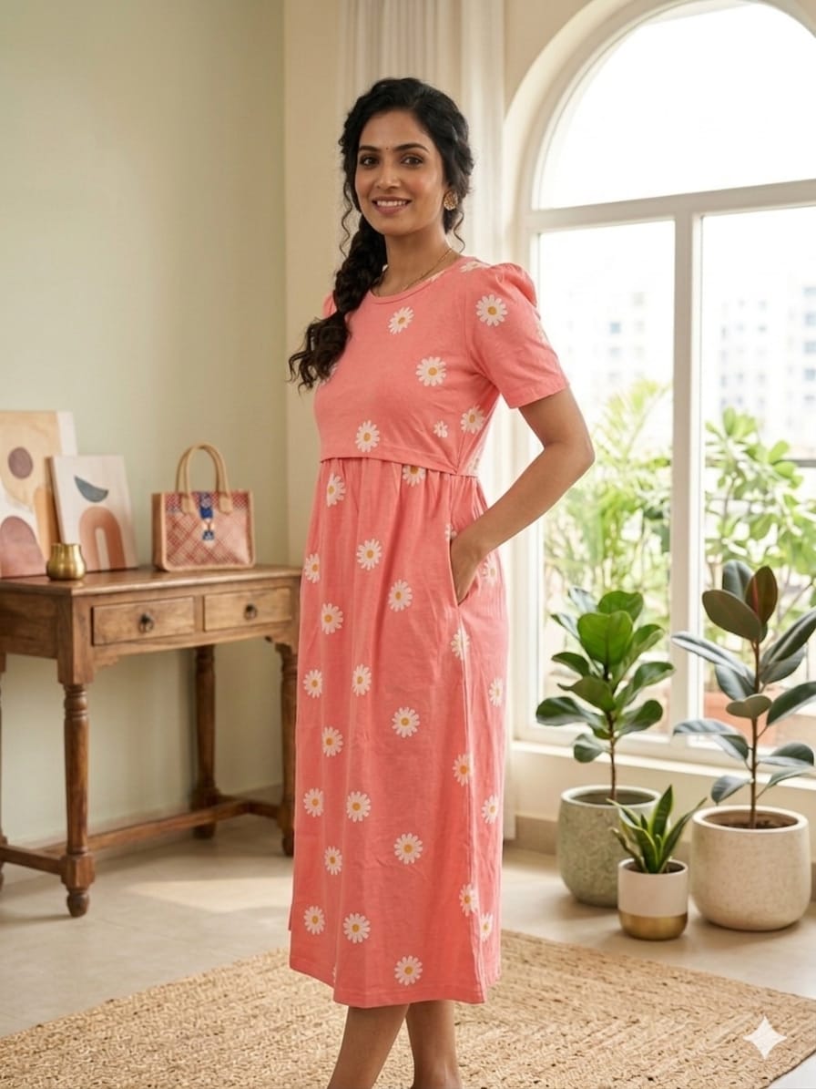 Capri Feeding Wear with Puff Sleeve Orange Sunflower