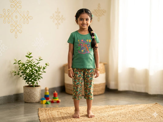 Green heart Girls casual capri set