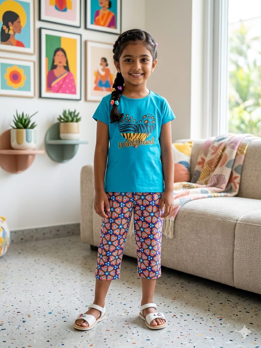 Blue wild heart Girls casual capri set