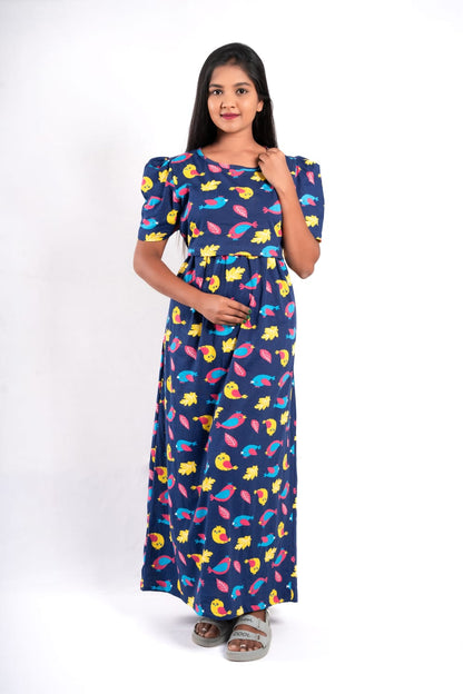 Zipless Feeding Maternity Gown Royal Bird  - Puff sleeve 52 inches