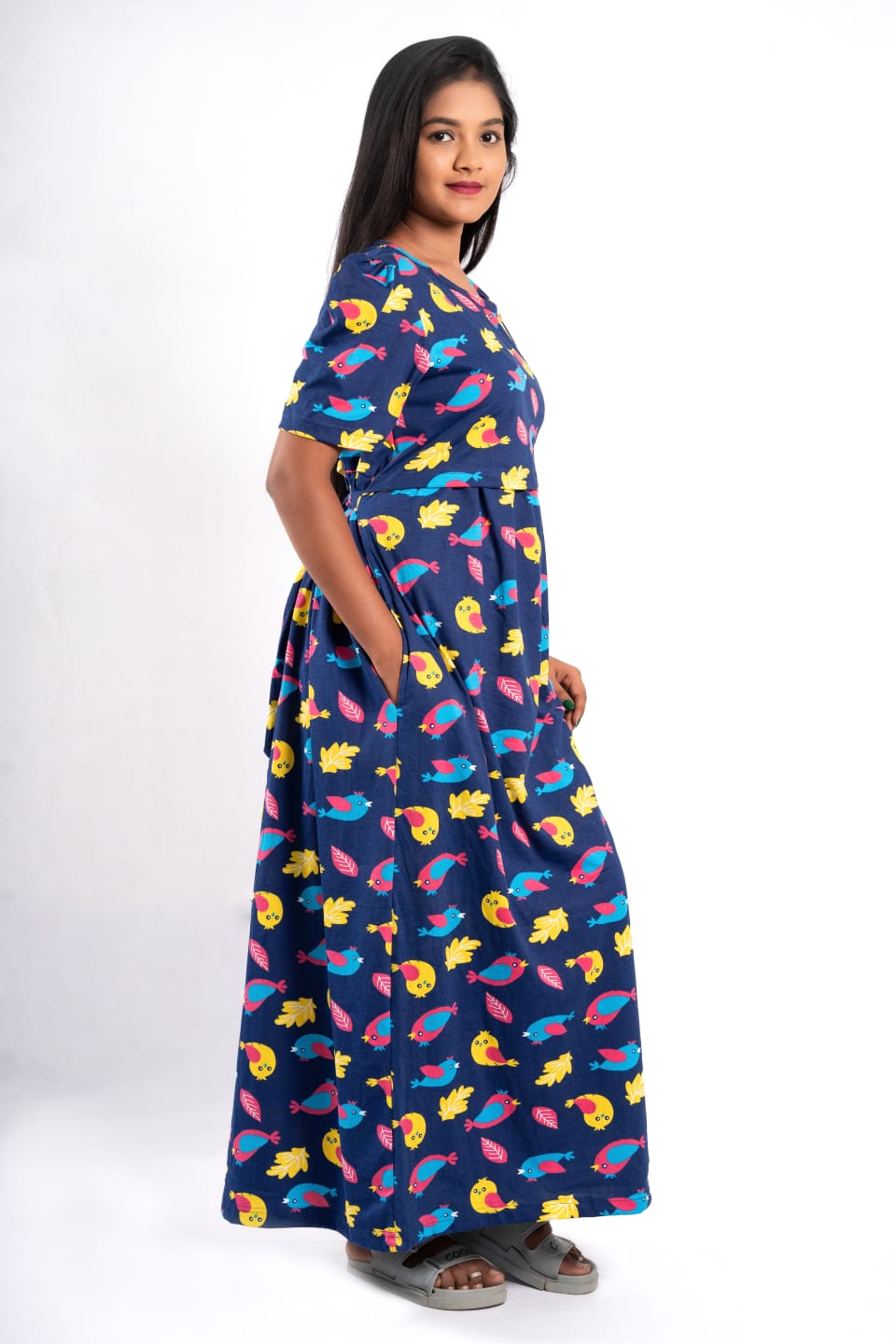 Zipless Feeding Maternity Gown Royal Bird  - Puff sleeve 52 inches