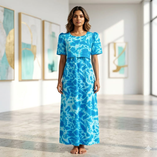 Zipless Feeding Maternity Gown Blue Tie dye - Puff sleeve 52 inches