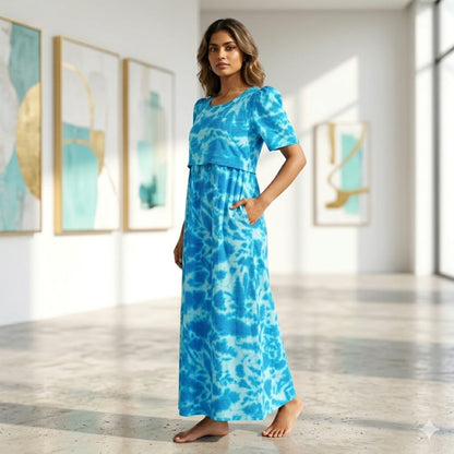 Zipless Feeding Maternity Gown Blue Tie dye - Puff sleeve 52 inches