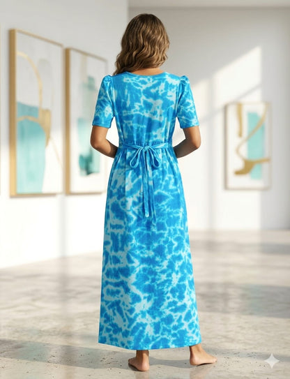 Zipless Feeding Maternity Gown Blue Tie dye - Puff sleeve 52 inches