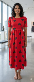 Zipless Feeding Maternity Gown Red Black heart - Puff sleeve 49 inches