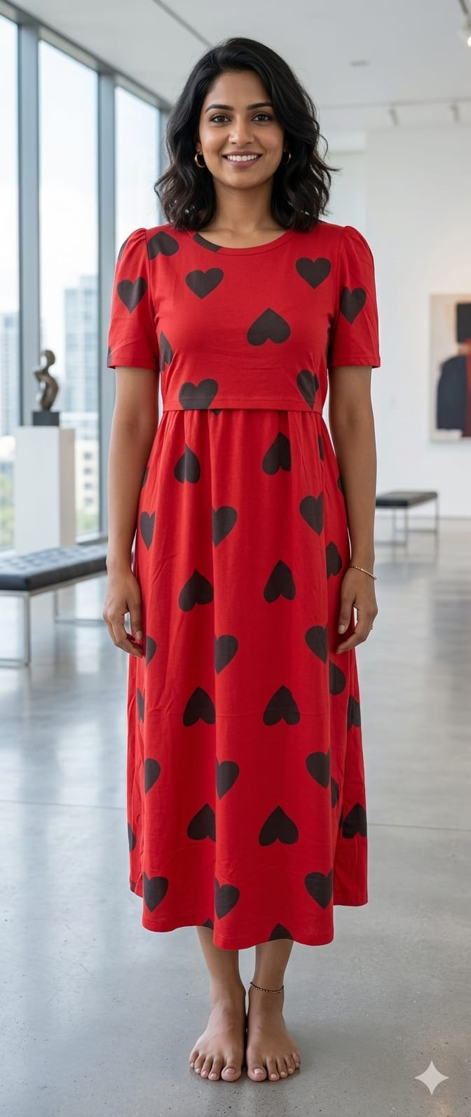 Zipless Feeding Maternity Gown Red Black heart - Puff sleeve 49 inches